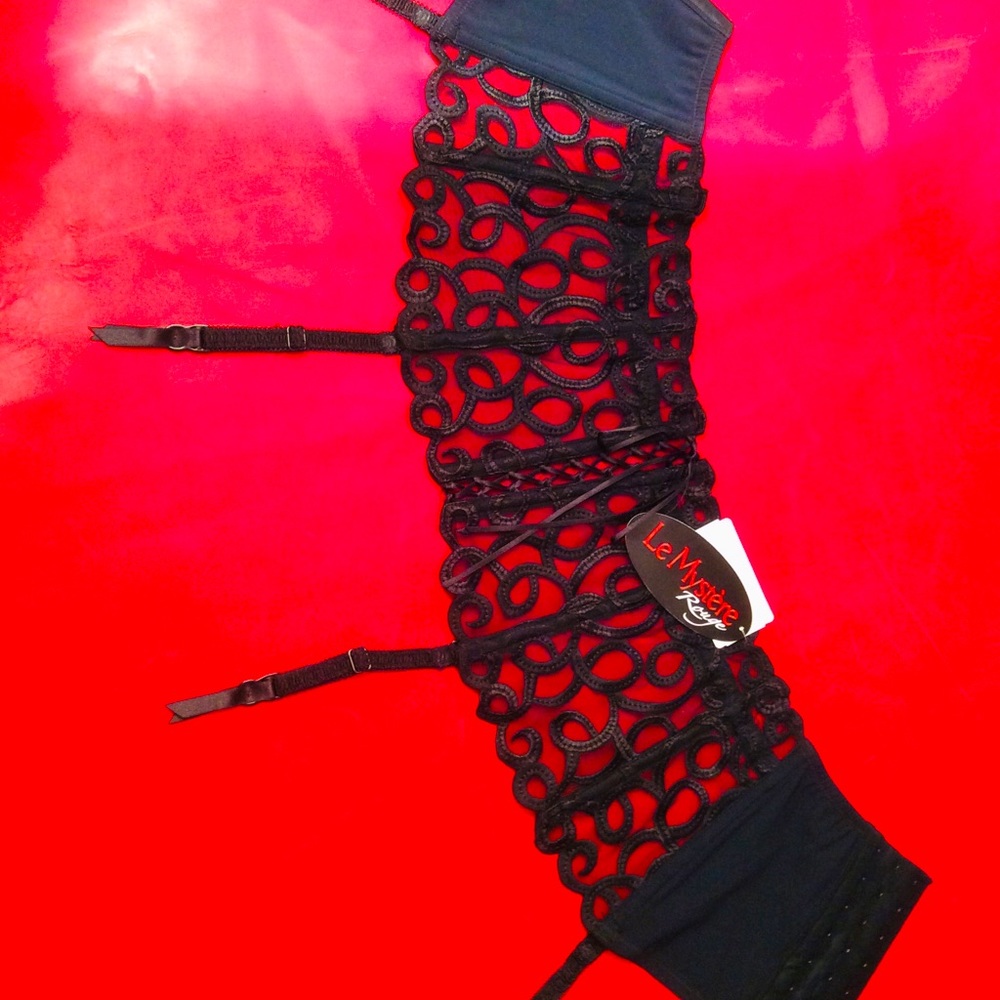 Le Mystere black lace garter belt. NWT- size M